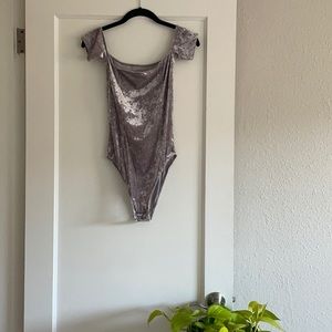 Urban Outfitters Out from Under Silver Crushed Velvet Off-the-Shoulder Bodysuit